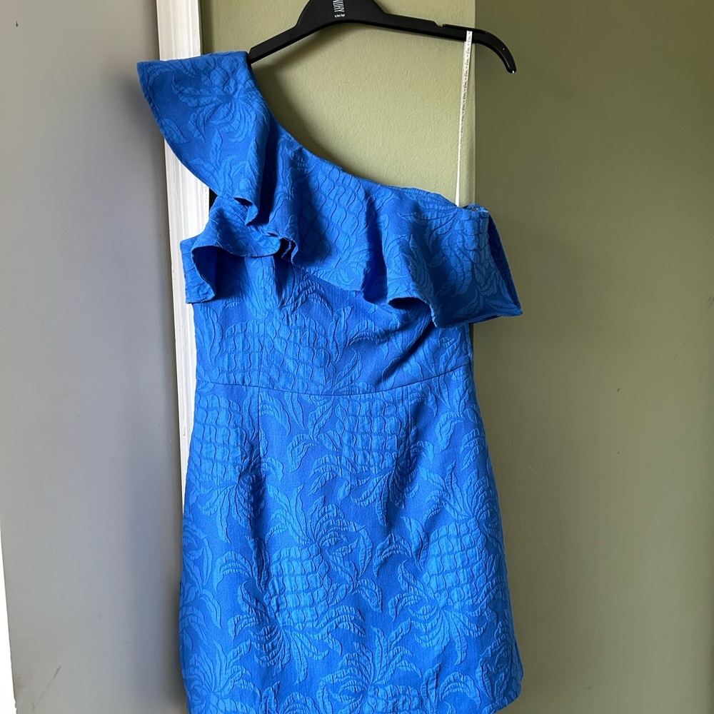 Lilly Pulitzer One-Shoulder Ruffle Jacquard Romper in Bright Blue